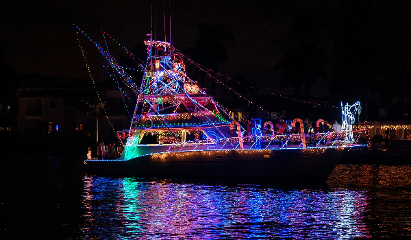 Sail boat decorated with Christmas lights