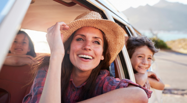 family in the car on a road trip